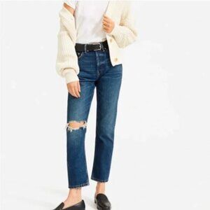 EVERLANE The Cheeky Jean Dark Wash Distressed Sz 25 Regular High Rise Button Fly